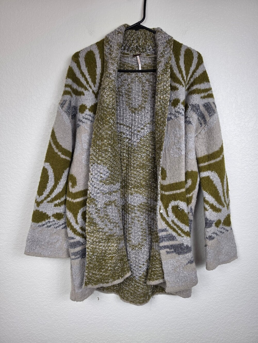 Free People Olive Green Patterned Metallic Cardigan Small
